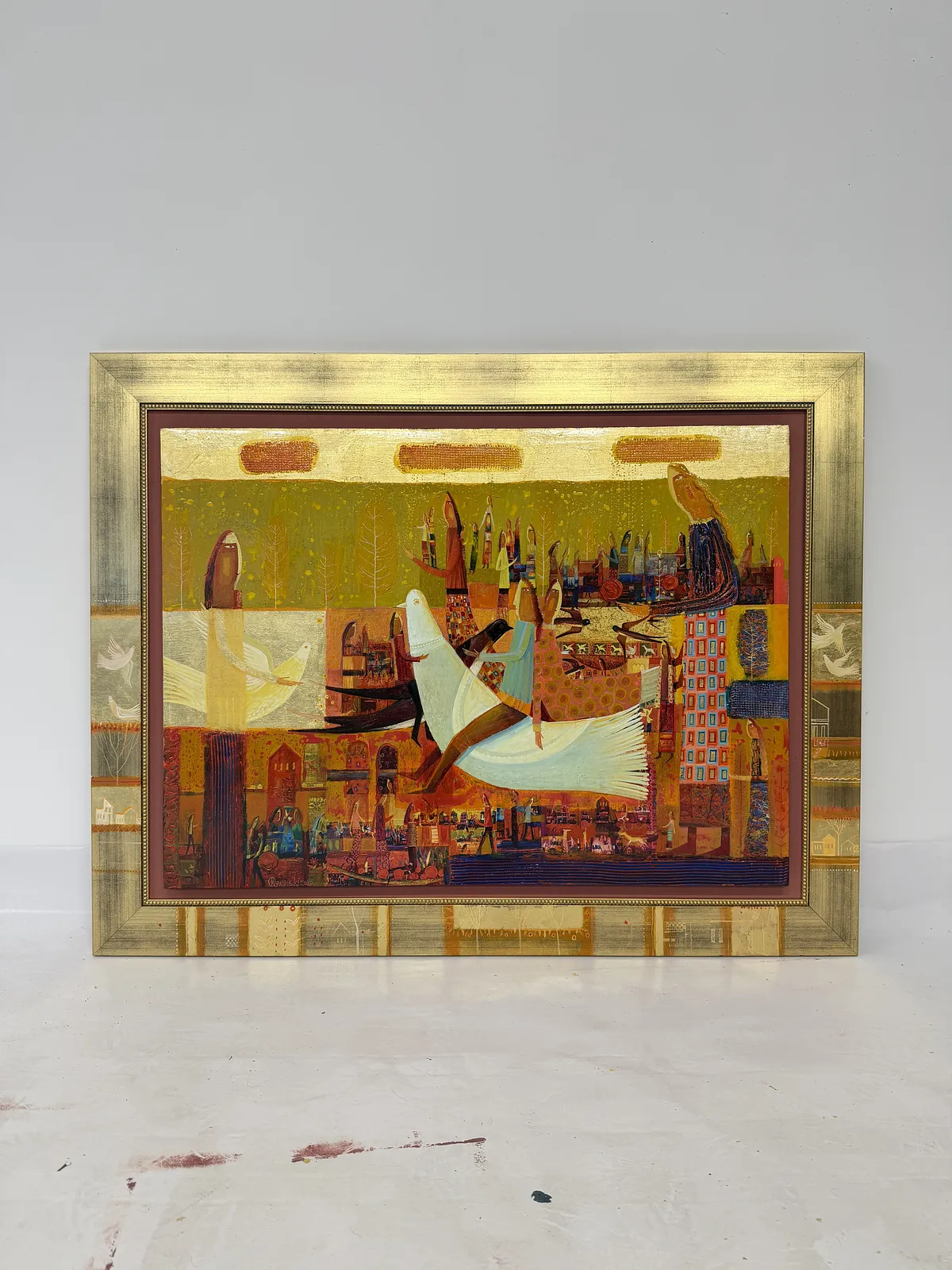 Obraz Jeździec na białym gołębiu autorstwa Roman Opaliński, rozmiar: 105x82, wykonany z olej/drewno, medium Malarstwo, z Miasteczko, cena: $4000 Zdjęcie 1 z 7.