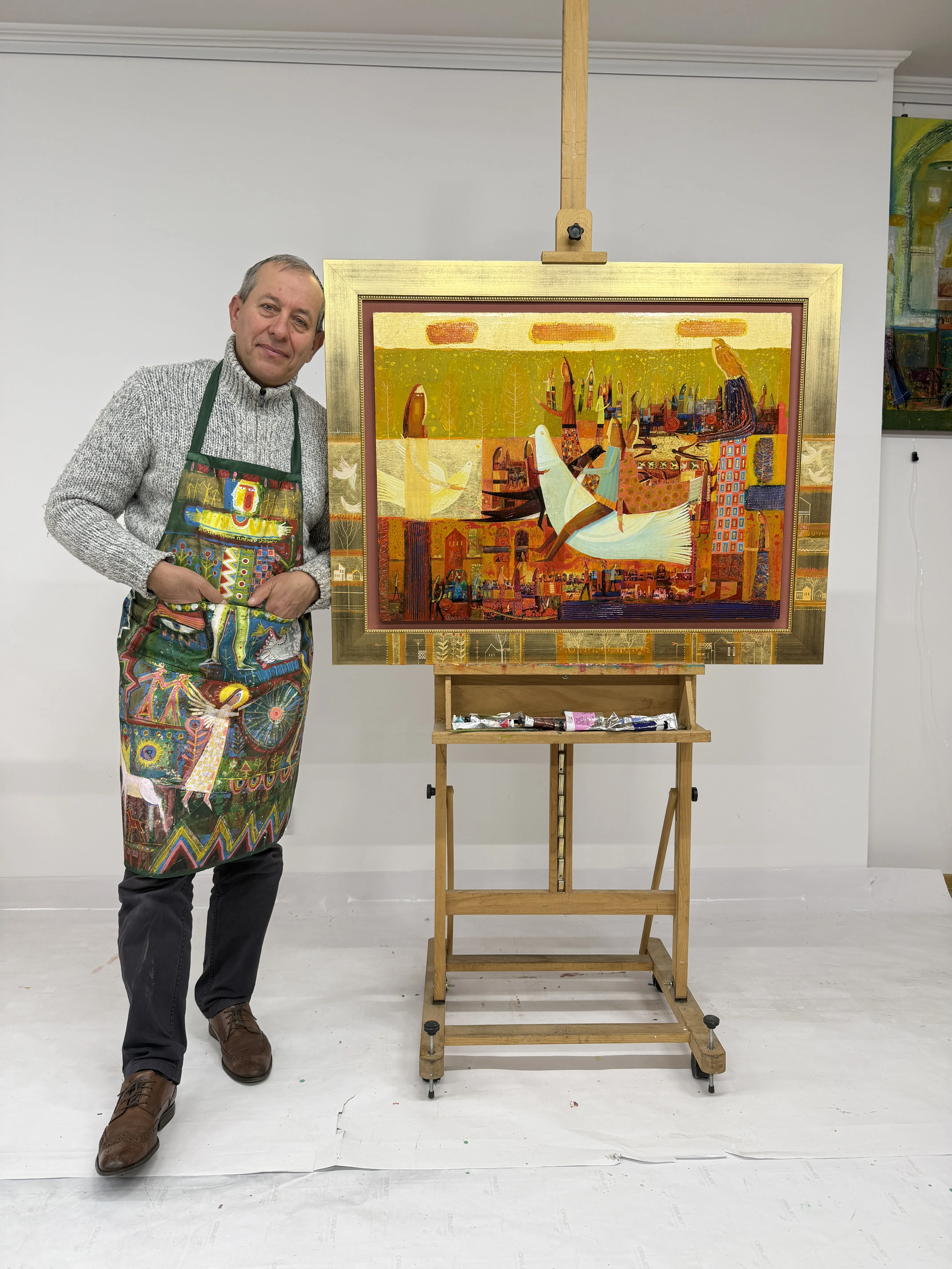 Obraz Jeździec na białym gołębiu autorstwa Roman Opaliński, rozmiar: 105x82, wykonany z olej/drewno, medium Malarstwo, z Miasteczko, cena: $4000 (≈ 179 324 грн) Zdjęcie 2 z 7.