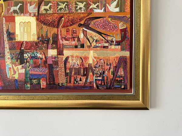Obraz Jaskółcze gniazdo autorstwa Roman Opaliński, rozmiar: 89x81cm, wykonany z olej/drewno, medium Malarstwo, z Miasteczko Zdjęcie 6 z 9.