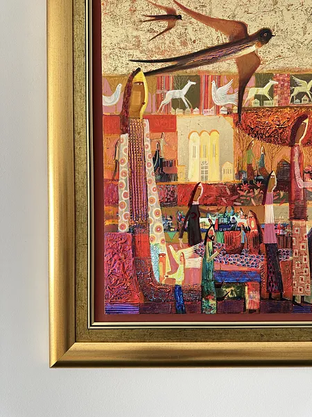 Obraz Jaskółcze gniazdo autorstwa Roman Opaliński, rozmiar: 89x81cm, wykonany z olej/drewno, medium Malarstwo, z Miasteczko Zdjęcie 7 z 9.