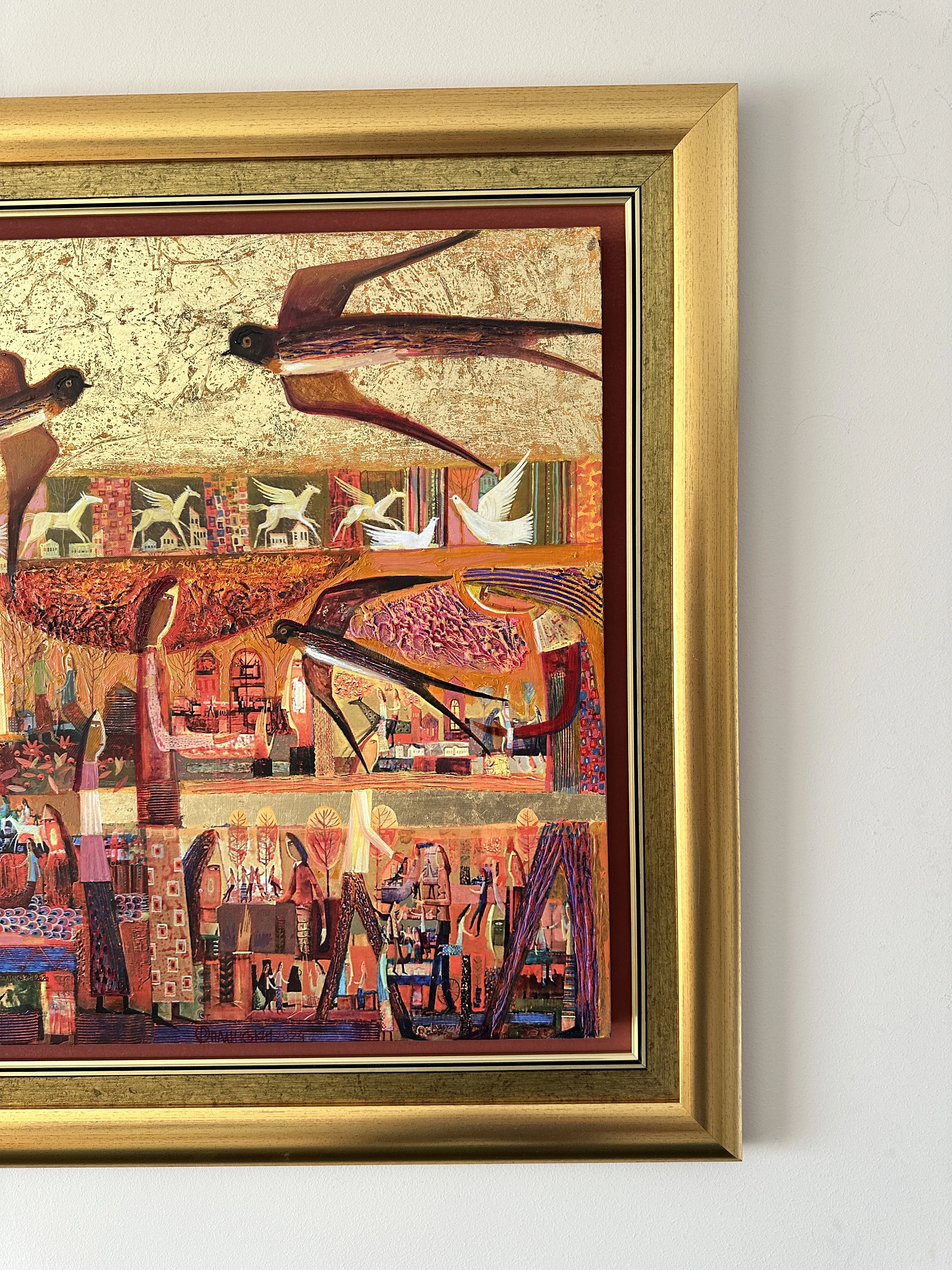 Obraz Jaskółcze gniazdo autorstwa Roman Opaliński, rozmiar: 89x81cm, wykonany z olej/drewno, medium Malarstwo, z Miasteczko Zdjęcie 8 z 9.