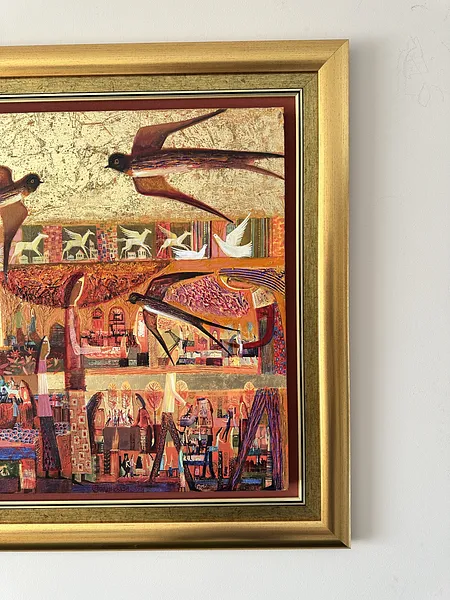 Obraz Jaskółcze gniazdo autorstwa Roman Opaliński, rozmiar: 89x81cm, wykonany z olej/drewno, medium Malarstwo, z Miasteczko Zdjęcie 8 z 9.