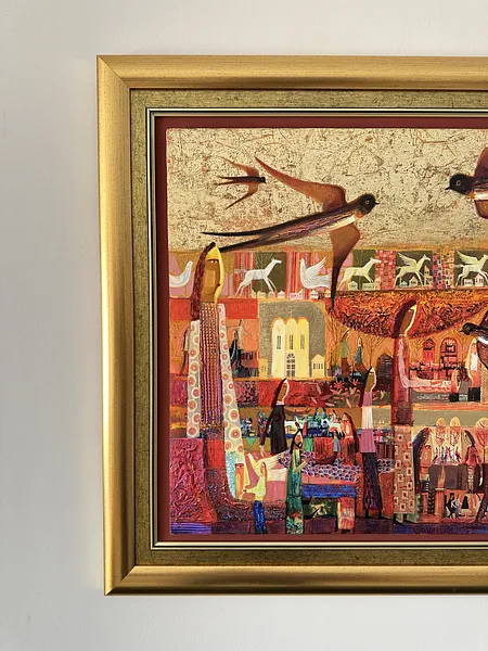 Obraz Jaskółcze gniazdo autorstwa Roman Opaliński, rozmiar: 89x81cm, wykonany z olej/drewno, medium Malarstwo, z Miasteczko Zdjęcie 9 z 9.