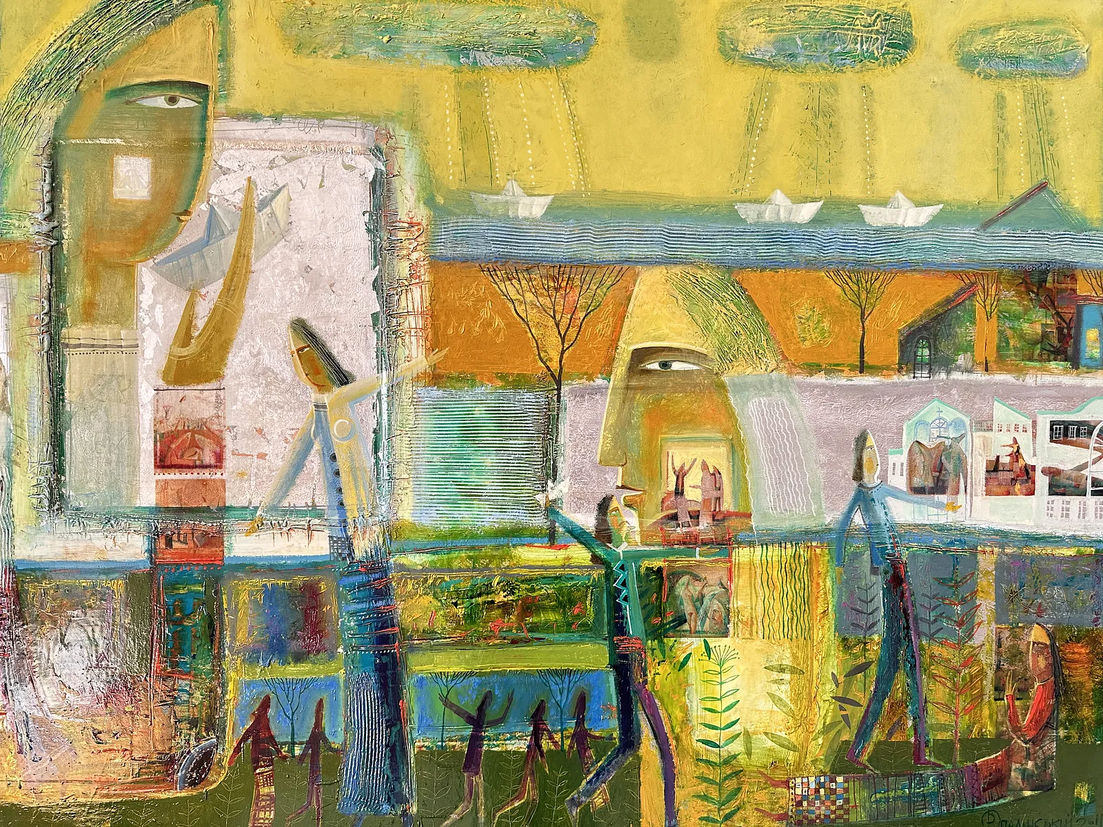 Obraz Papierowe łódeczki autorstwa Roman Opaliński, rozmiar: 140x100cm, wykonany z olej/drewno, medium Malarstwo, z Miasteczko, cena: $5000 Zdjęcie 3 z 11.