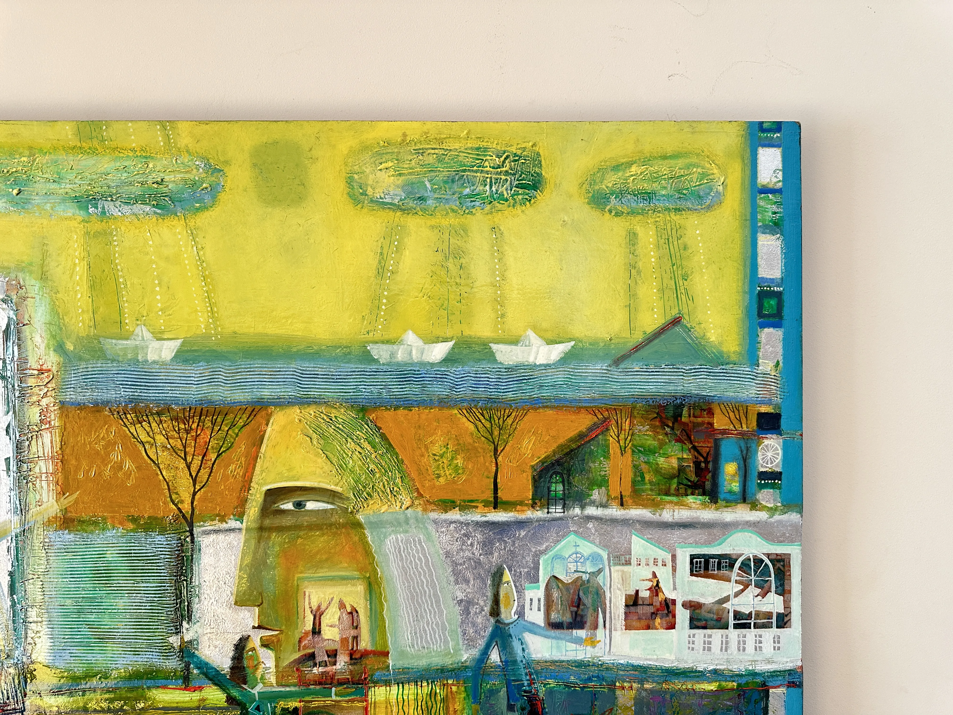 Obraz Papierowe statki autorstwa Roman Opaliński, rozmiar: 140x100cm, wykonany z olej/drewno, medium Malarstwo, z Miasteczko, cena: $4000 Zdjęcie 4 z 11.