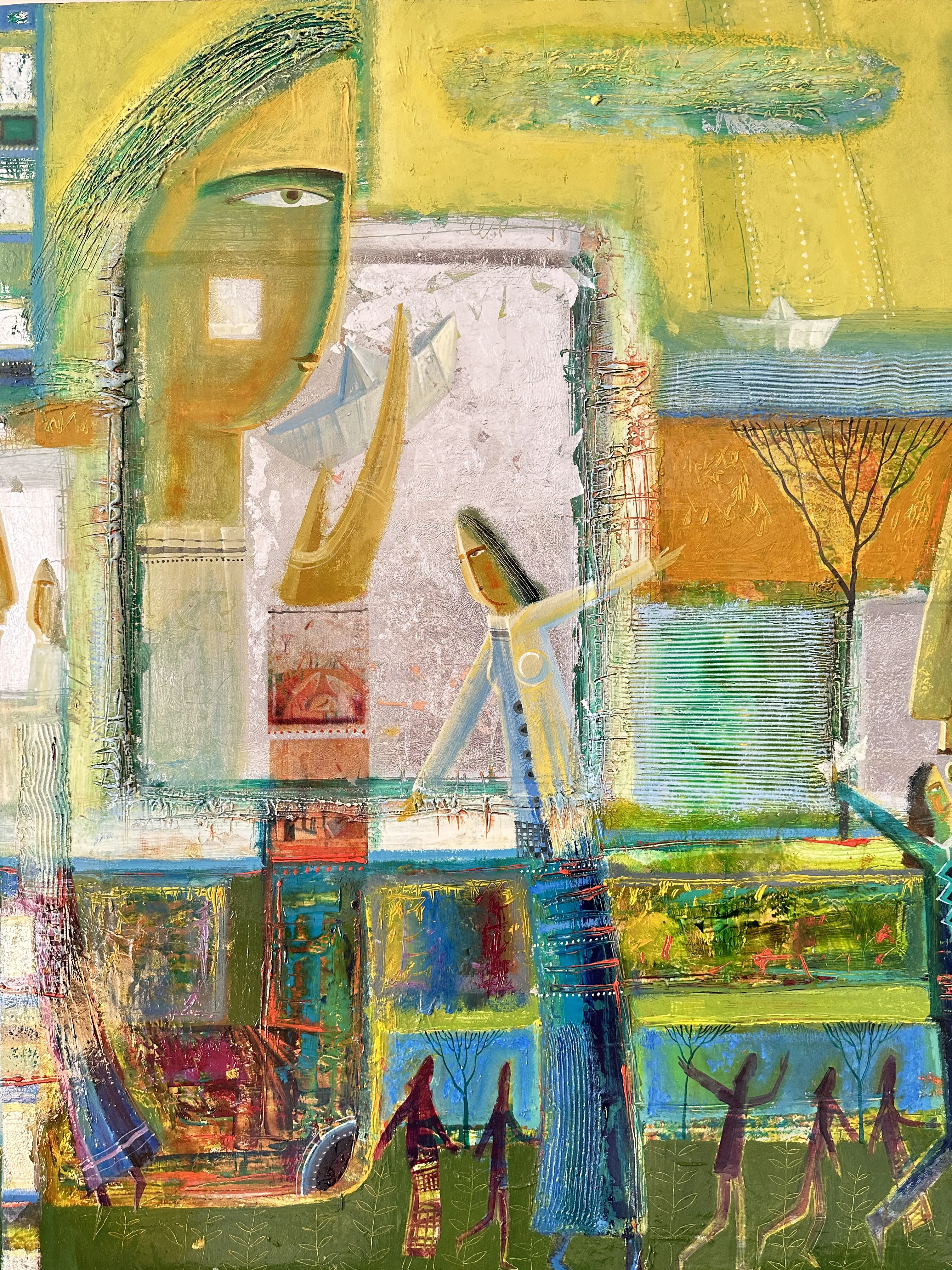 Obraz Papierowe statki autorstwa Roman Opaliński, rozmiar: 140x100cm, wykonany z olej/drewno, medium Malarstwo, z Miasteczko, cena: $4000 Zdjęcie 7 z 11.