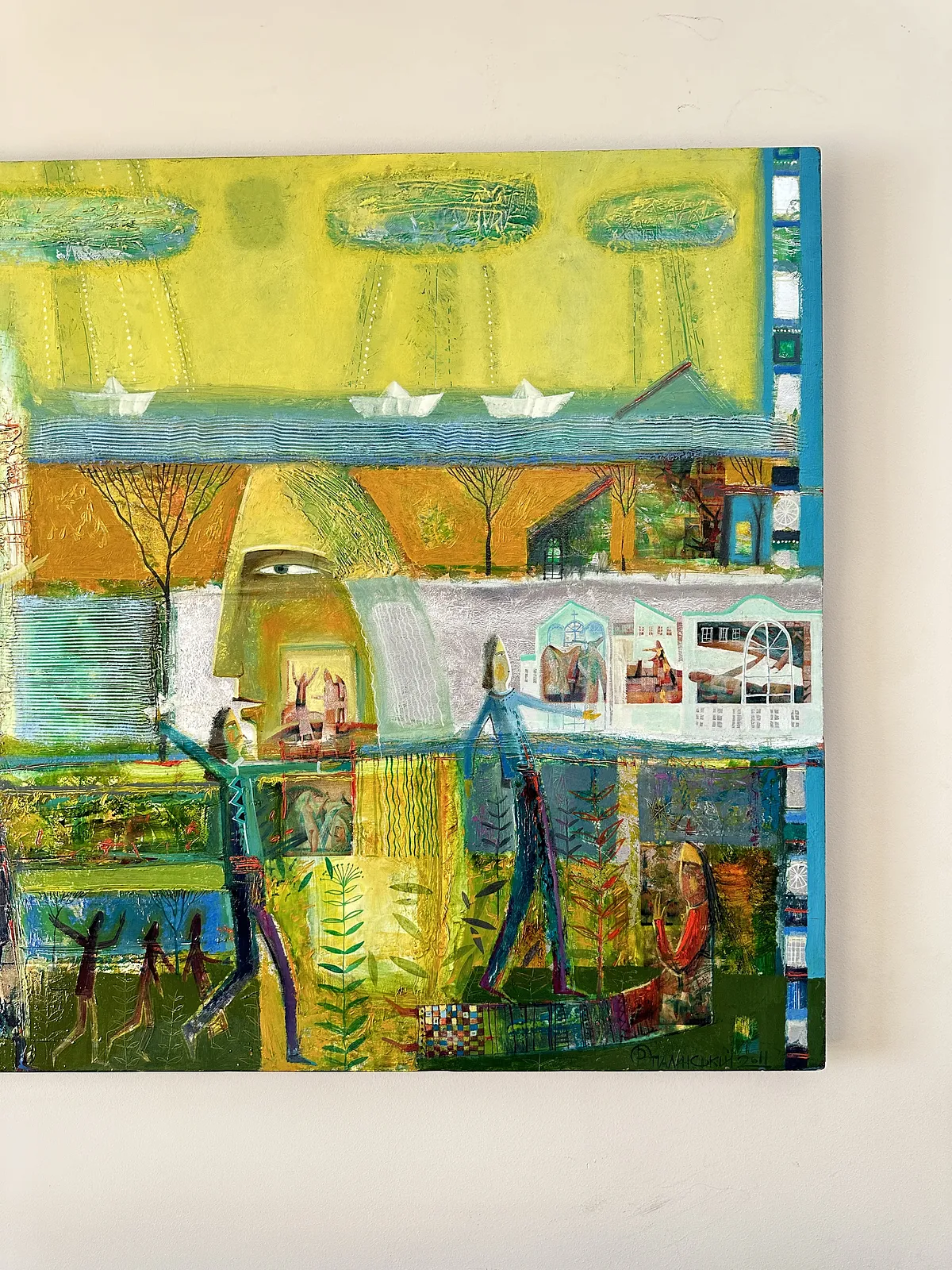 Obraz Papierowe łódeczki autorstwa Roman Opaliński, rozmiar: 140x100cm, wykonany z olej/drewno, medium Malarstwo, z Miasteczko, cena: $5000 Zdjęcie 10 z 11.
