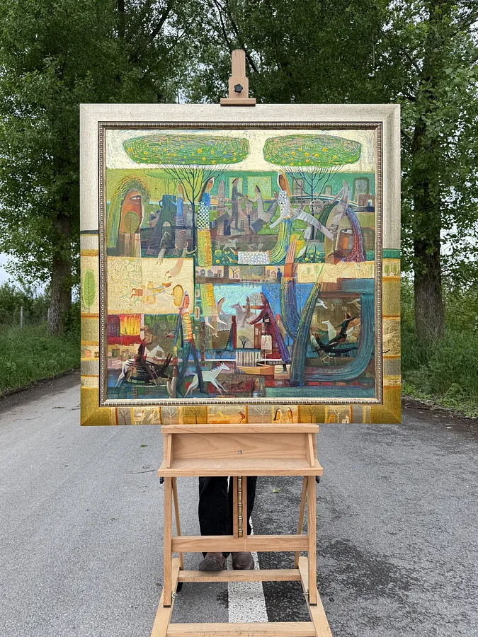 Image of Green Apple of Temptation by Roman Opalinsky, size: 119x119cm, made of oil on canvas, Painting medium, from Horodok, priced at $7000 Photo 1 of 11.