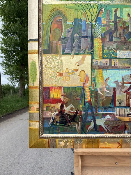 Obraz Zielone jabłko pokusy autorstwa Roman Opaliński, rozmiar: 119x119cm, wykonany z olej/płótno, medium Malarstwo, z Miasteczko, cena: $7000 Zdjęcie 5 z 11.