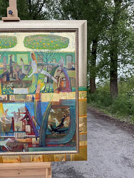 Obraz Zielone jabłko pokusy autorstwa Roman Opaliński, rozmiar: 119x119cm, wykonany z olej/płótno, medium Malarstwo, z Miasteczko, cena: $7000 Zdjęcie 9 z 11.