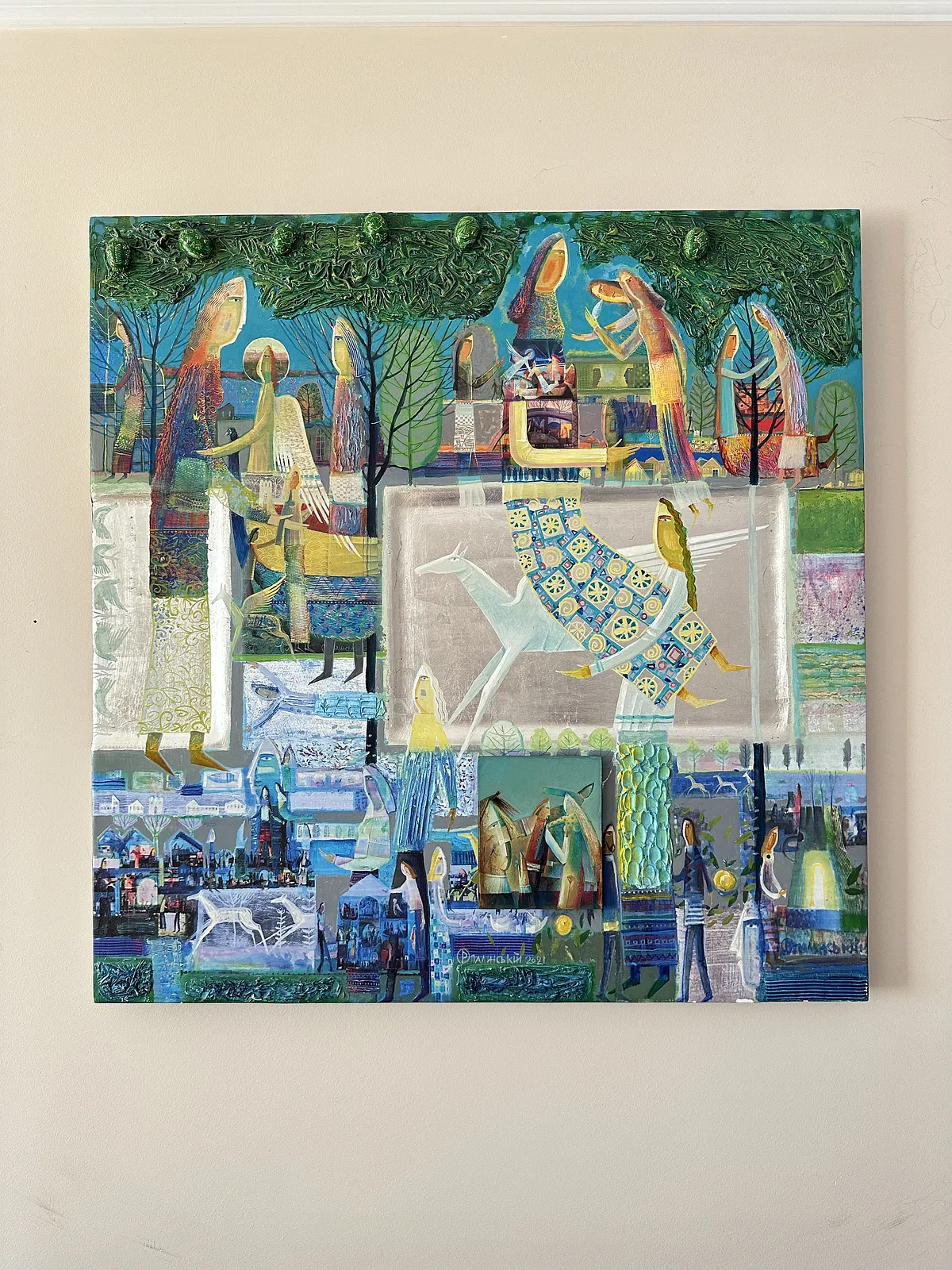 Obraz Tryptyk «Pieśń leśna» autorstwa Roman Opaliński, rozmiar: 273x93cm, wykonany z olej/drewno, medium Malarstwo, z Miasteczko, cena: $9000 Zdjęcie 7 z 8.