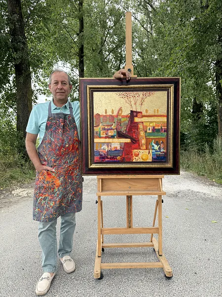 Obraz Czerwona ceramika autorstwa Roman Opaliński, rozmiar: 87х83см, wykonany z olej/drewno, medium Malarstwo, z Miasteczko, cena: $2500 Zdjęcie 8 z 11.