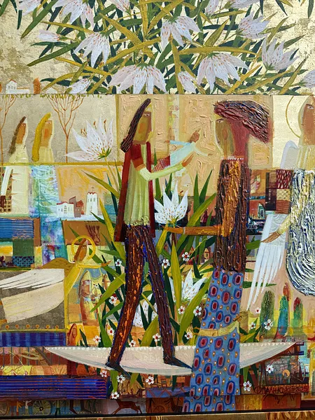 Obraz Opieka nad liliami autorstwa Roman Opaliński, rozmiar: 73x71cm, wykonany z olej/drewno, medium Malarstwo, z Miasteczko, cena: $1800 Zdjęcie 3 z 16.