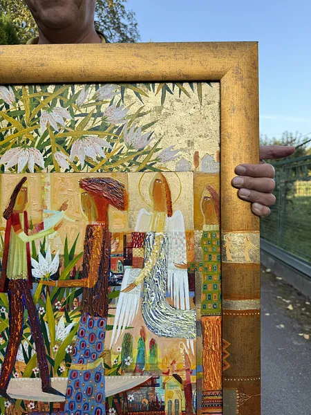 Obraz Opieka nad liliami autorstwa Roman Opaliński, rozmiar: 73x71cm, wykonany z olej/drewno, medium Malarstwo, z Miasteczko, cena: $1800 Zdjęcie 15 z 16.