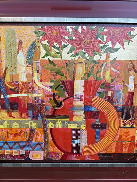 Obraz Nastrój czerwony autorstwa Roman Opaliński, rozmiar: 70x60cm, wykonany z olej/drewno, medium Malarstwo, z Miasteczko Zdjęcie 3 z 6.