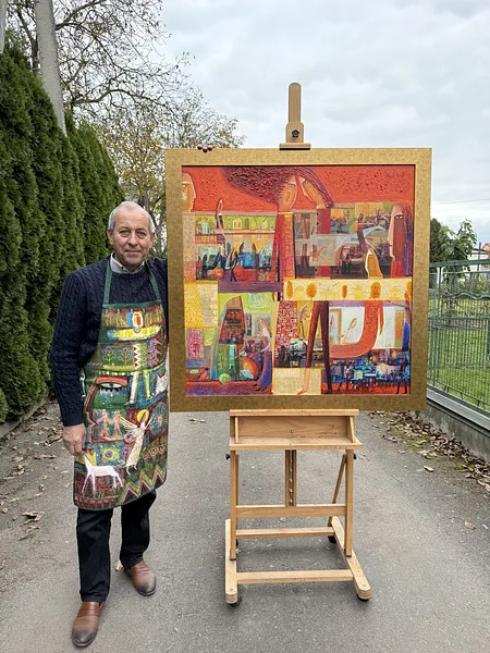 Image of A Couple in Red by Roman Opalinsky, size: 113x113cm, made of oil on canvas, Painting medium, priced at $4500 Photo 5 of 11.